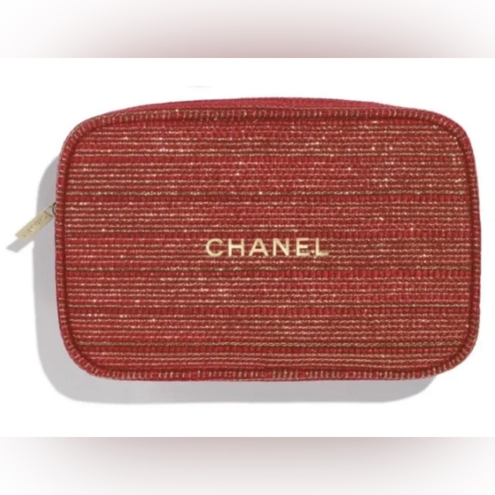 Chanel Holiday Red & Gold Zipped Gift Makeup Case, Drawstring Bag, and Samples